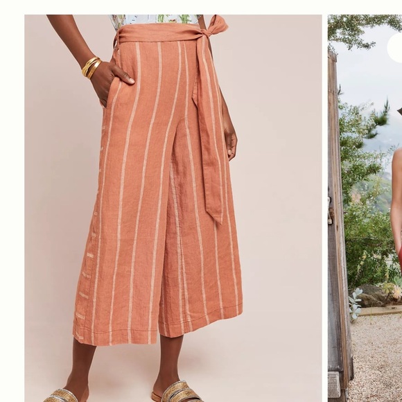 Anthropologie Pull On Belted Cropped Linen Blend Salmon / Cherry Stripe Pants - Picture 5 of 7